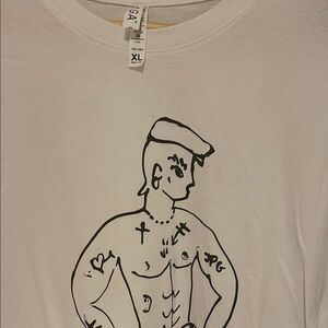 Jean Paul Gaultier White Crewneck Tee with Black Line-Art Tattoo Graphic.